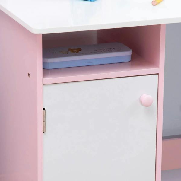 Kids desk with pink cabinet door and open shelf above, part of desk set
