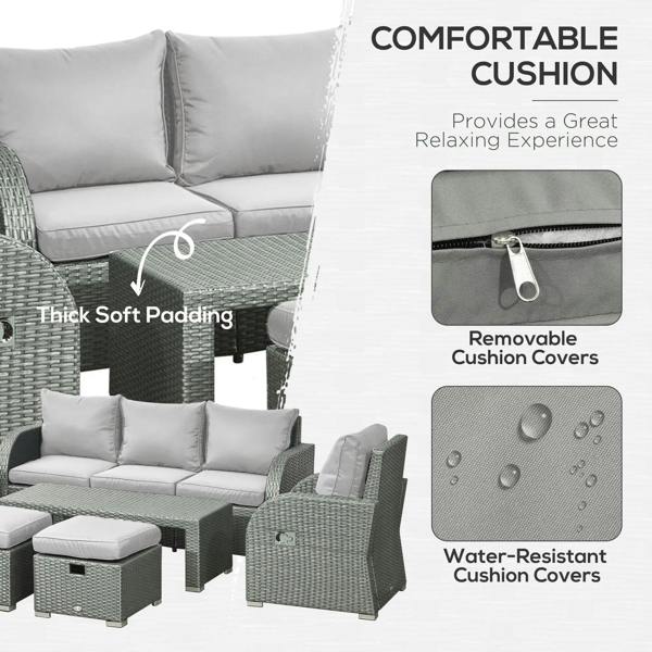 Light grey outdoor rattan sofa with thick white cushions, removable cushion covers, and water-resistant fabric