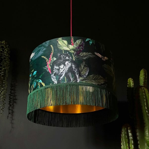 Handmade Fringed Velvet Lampshade with Gold Lining in Wild Wood Green and Hunter Green Fringing