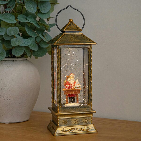Samuel Alexander 27cm Dual Powered Antique Gold Santa Workshop Christmas Water Spinner Lantern with LEDs