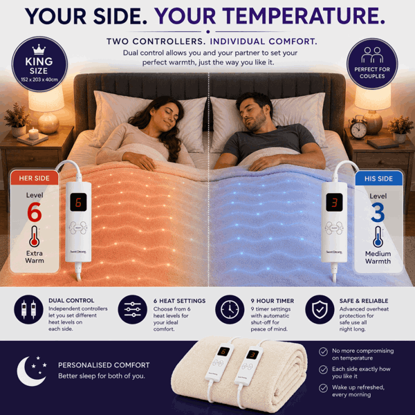 Sweet Dreams Luxury Fleece Electric Blanket King Size, Machine Washable Underblanket, Digital Control, Overheat Protection