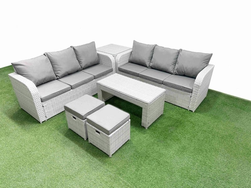 Fimous 8 Seater Rattan Outdoor Sofa Set - Light Grey Wicker with Oblong Coffee Table, High Back Lounge Sofa & Stools
