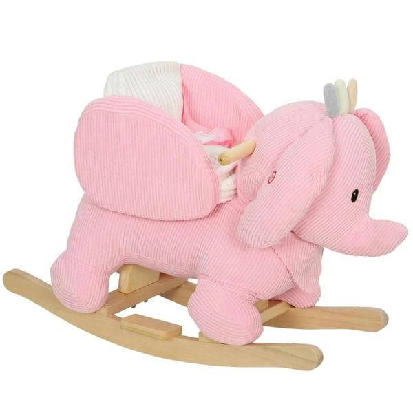 Pink plush rocking elephant ride-on with wooden runners for toddlers
