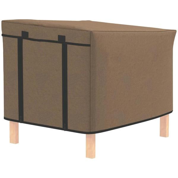 Brown water-resistant rabbit hutch cover with dark side panels and fitted cutouts