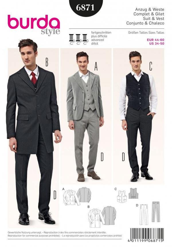 Burda Sewing Pattern 6871 Waistcoats, Jackets, Trousers and Suits For Men, 34-36-38-40-42-44-46-48-50 - Advanced