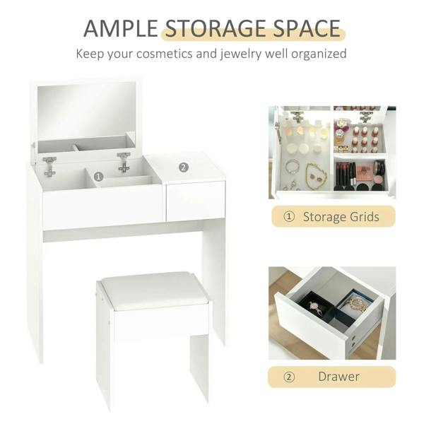 White vanity table with flip-up mirror, drawer storage, and PU-cushioned stool