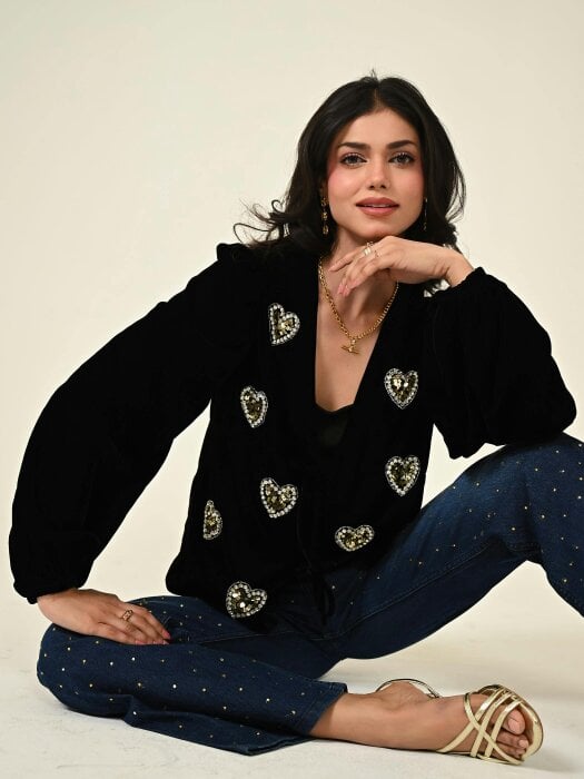 Rose & Nancy Rosheen Black Velvet Hand Embellished Heart Tie Front Top