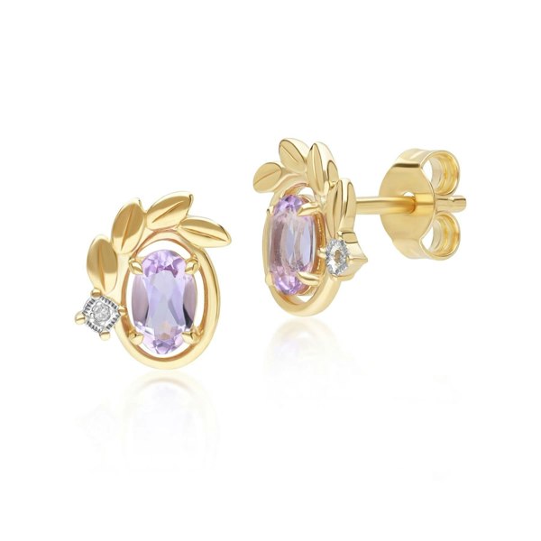 135E1860019 O leaf Pink Amethyst & Diamond Stud Earrings In 9ct Yellow Gold Front