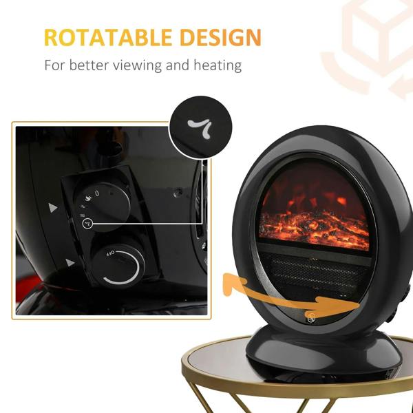 Black tabletop electric fireplace heater with rotatable head and flame effect viewing window