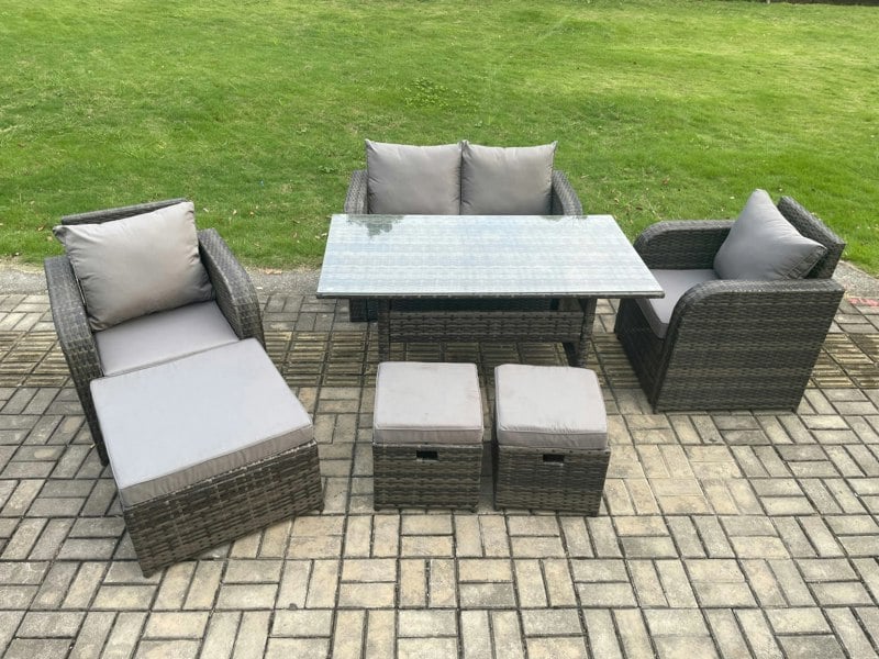 Fimous Rattan Outdoor Garden Furniture Set Rectangular Dining Table and Chair Sofa Set With 3 Footstools Dark Grey Mixed