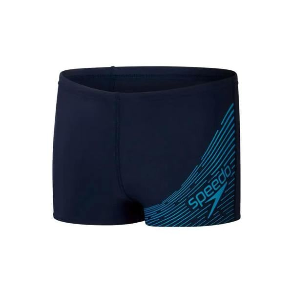 Navy boys medley logo aquashorts with teal stripes in Enduraflex fabric