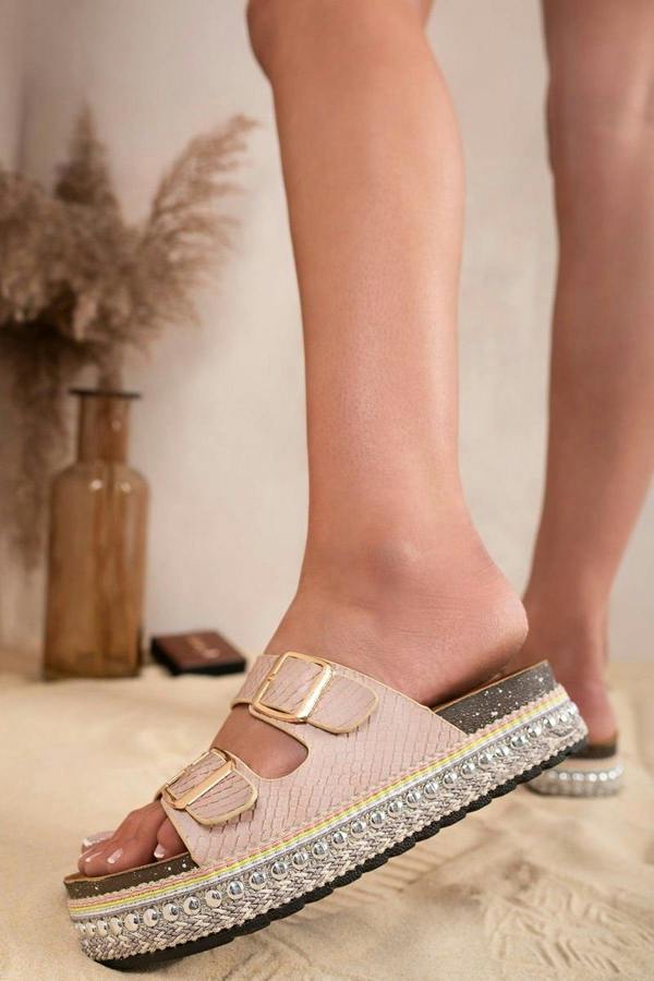 Lylah Twin Buckle Flatform Sliders With Embellished Sole - Beige