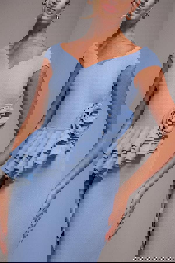 Scuba Crepe Rose Frill Maxi Dress - Cornflower Blue DR4281