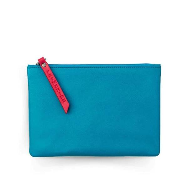 Soft blue leather makeup pouch medium – front view