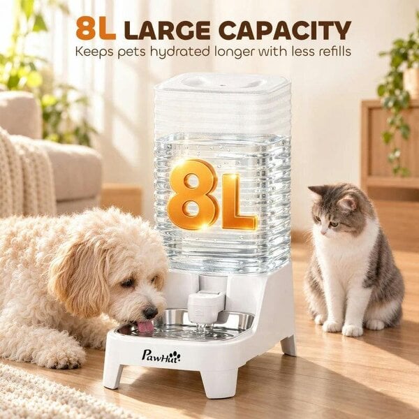 Automatic Pet Water Dispenser, 8L Gravity Dog Water Dispenser with Patented Tap, Stainless Steel Bowl, White
