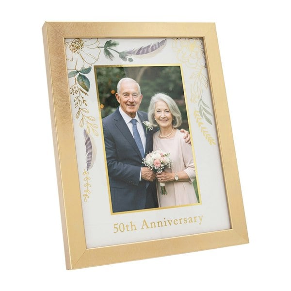 Modern 50th Anniversary 4x6 Frame in Brushed Gold with Floral Decor Image 1