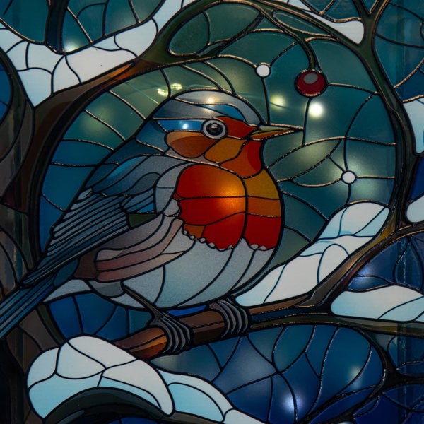 Samuel Alexander 28cm Battery Powered Light up Stained Glass Christmas Decoration with Robin & Warm White LEDs