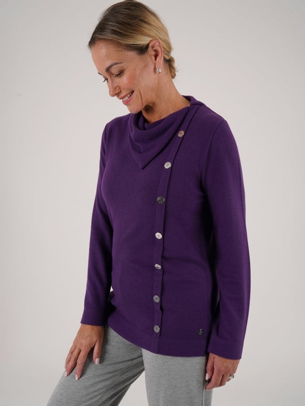 PennyPlain Button Split Cowl Neck Top - Mulberry