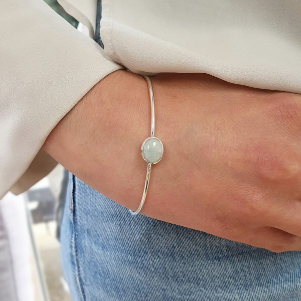 March Birthstone Aquamarine Minimalist Silver Bangle