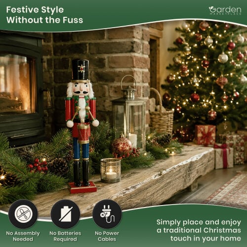 Large Christmas Nutcracker Figure, 50cm Tall Traditional Design in Red Coat and Black Hat, Indoor Festive Decoration Focal Point