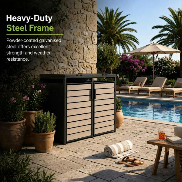 Nicoman Outdoor Metal Garbage Bin Shed with Wood Effect Doors