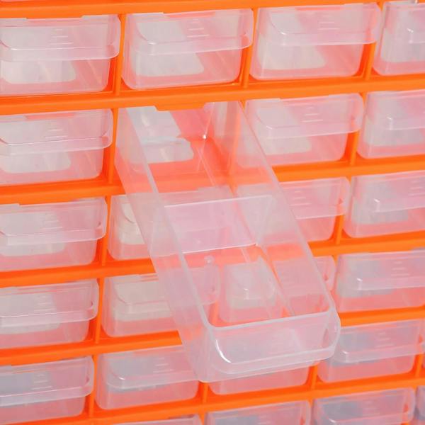 Close-up of orange parts organizer cabinet with clear plastic drawer bins