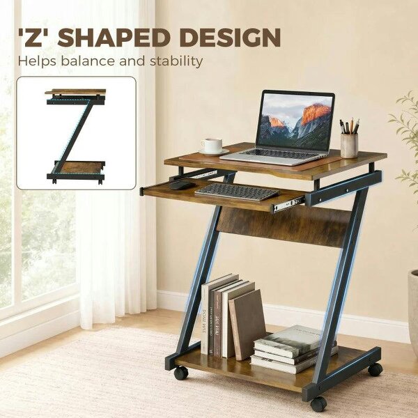 Movable Computer Desk with 4 Moving Wheels and Keyboard Tray