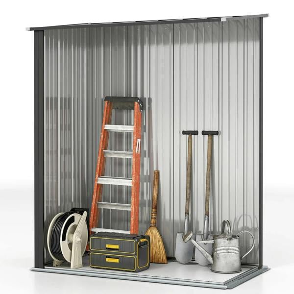 Black corrugated steel garden shed with open doors and tools stored inside