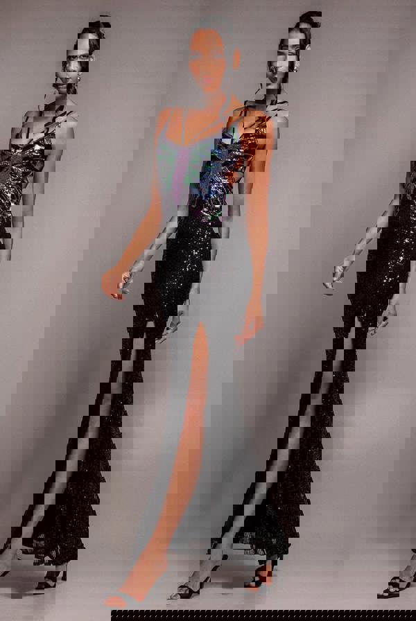 Sequin Butterfly Front Split Maxi Dress - Black DR4609