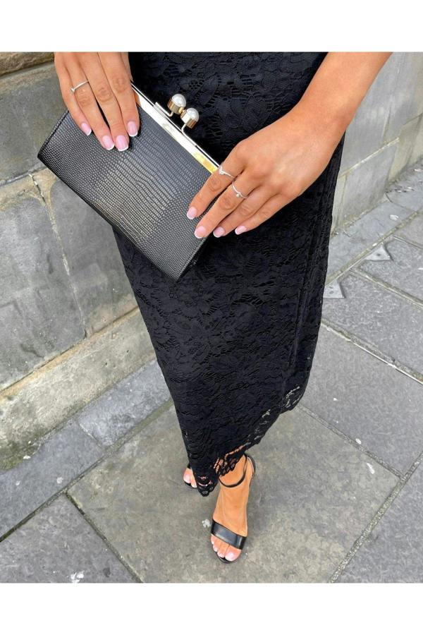 Viviana Strappy Floral Lace Midi Dress - Black
