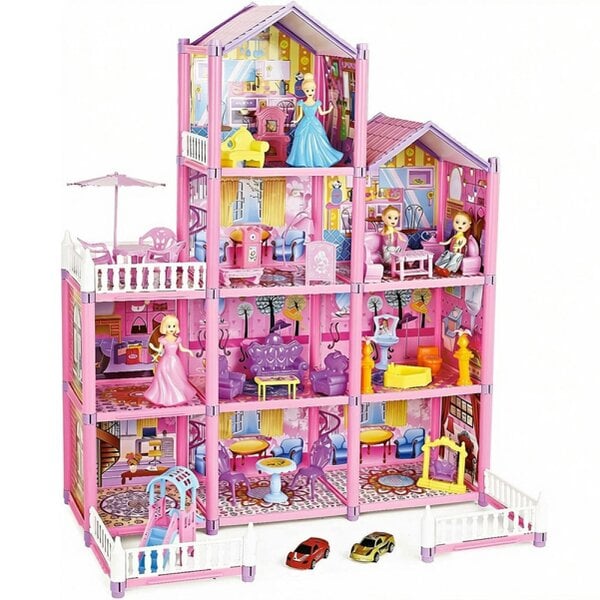 deAO Toys Princess My first Dolls House Kids Pink Grand Four Story Castle Dolls House Playset With Furniture - Pink