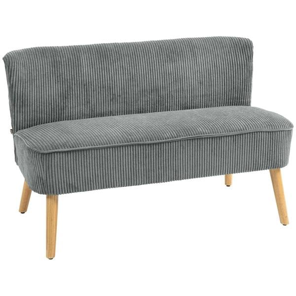 Grey corduroy double-seat loveseat sofa with arched back and light wood legs