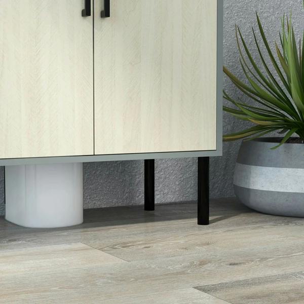Natural wood under-sink cabinet base with black legs, double-door front edge.