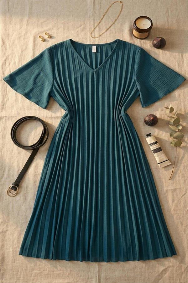 Elidi Short Sleeve Pleated Midi Dress With Waist Belt - Petrol