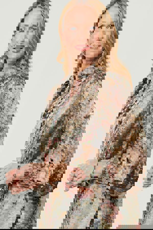 Sage | Floral Lace Trim Long Puff Sleeve Shirt