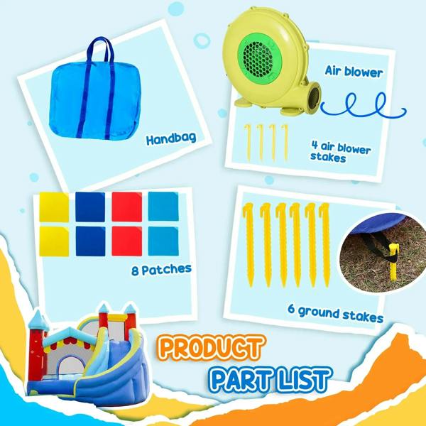 Air blower and accessories kit for inflatable bouncy castle, with carry bag