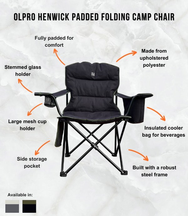 An infographic depicting the product features of the Henwick Padded Folding Camp Chair - Black & Green from OLPRO.