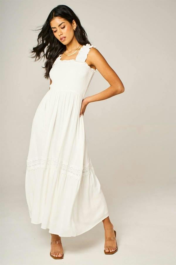 FS Collection Lace Detail Tiered Maxi Dress In White