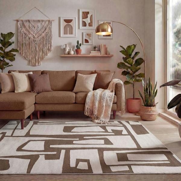Cozy living room with a brown sectional sofa, patterned rug, and decorative elements.