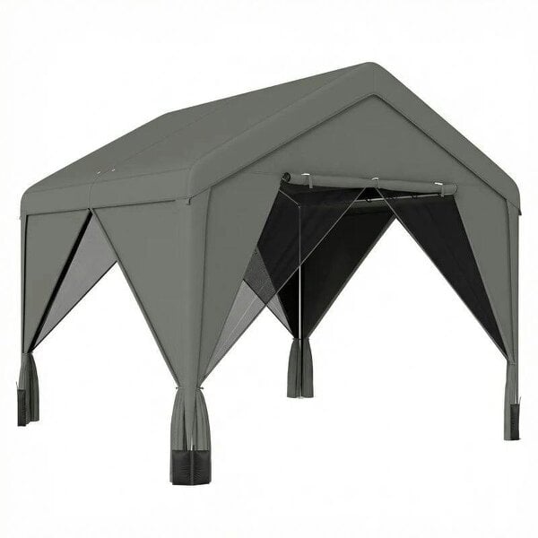 3 x 3 m Patio Gazebo with Netting & Curtains, Outdoor Canopy Shelter with Galvanised Steel Frame, Dark Grey