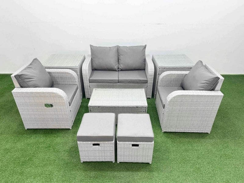 Fimous 6-Seater Light Grey PE Rattan Sofa Set | Outdoor/Indoor Reclining Chair, Rectangular Coffee Table, 2 Footstools, 2 Side Tables