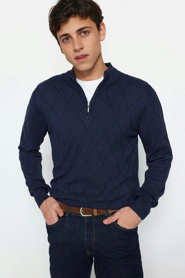 WOVCOR Slim Fit Half Turtleneck Zippered Collar Knit Men's Sweater