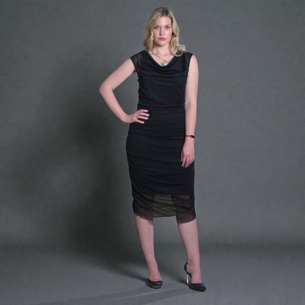 Women's Summer Black Ruched Bodycon Midi dress styled with a silver necklace and black heels for an elegant, sophisticated look.
