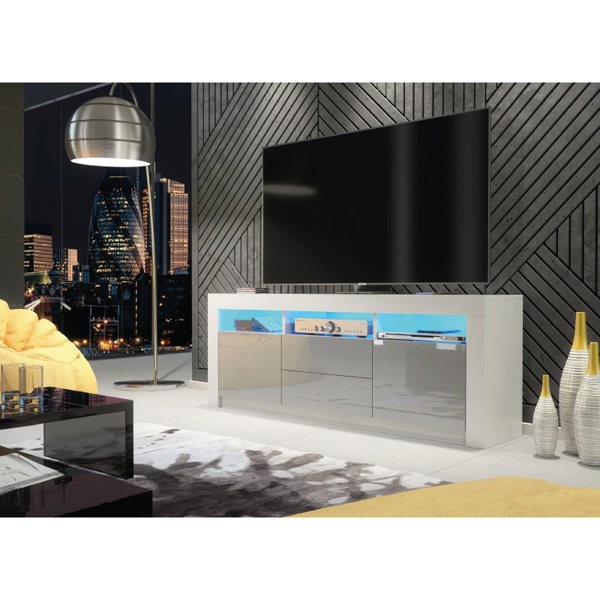 Mex Furniture Spacious 160cm TV Unit & Sideboard Cabinet with Grey High Gloss Doors and Free LED