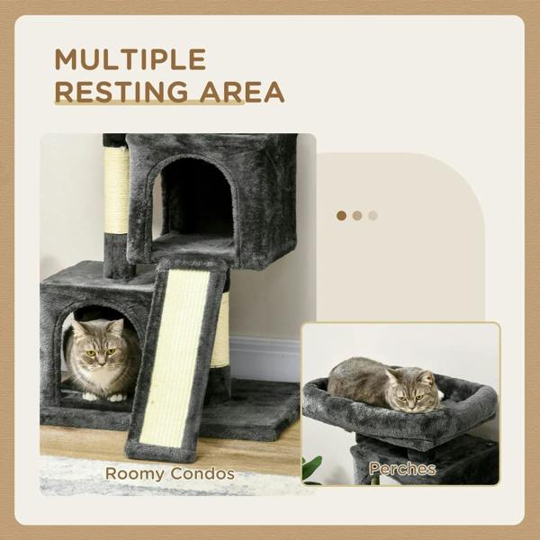 Black cat tree featuring multiple resting areas, enclosed cubbies, and a sisal scratching post