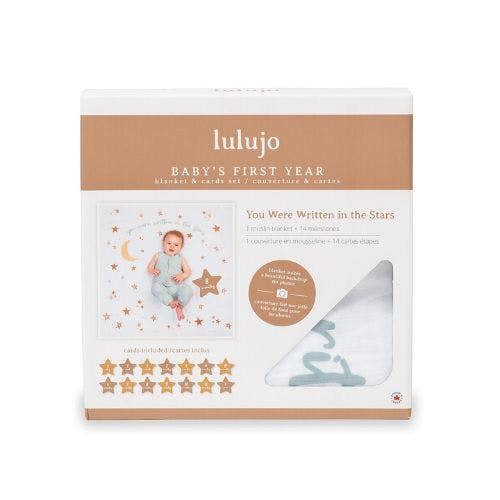 Lulujo - Baby's First Year Gift Set - Cotton Swaddle & Cards - Written In The Stars