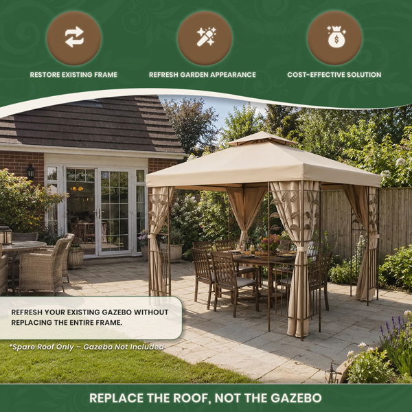 The Garden Marketplace Spare Roof Cover for 2.5m Square Leaf Design Garden Gazebo, Beige 180g Fade-Resistant Polyester Canopy with Wind Vent