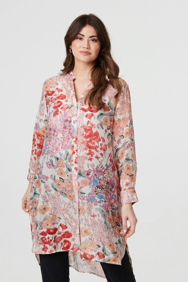Pink | Floral Print Longline Semi Sheer Shirt : Model is 5'9"/175 cm and wears UK10/EU38/US6/AUS10