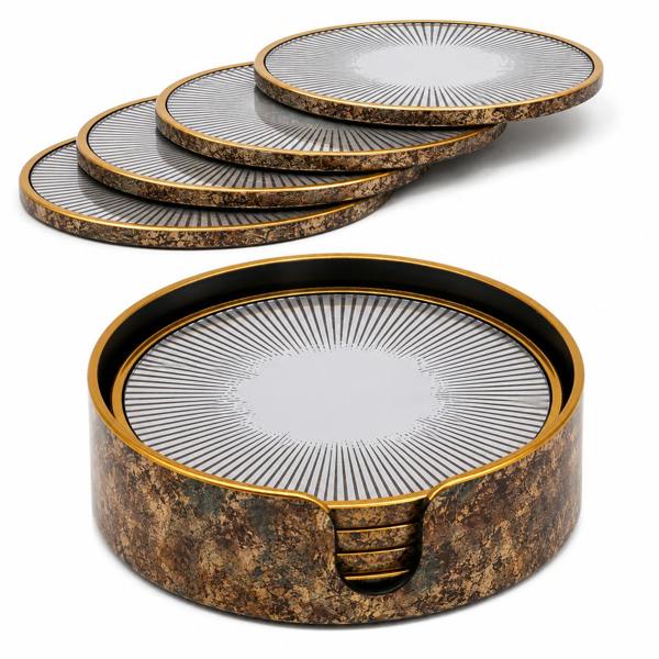 Maison des Cadeaux Retro Starburst Drink Coasters Set of 4 w/ Holder Gold Bronze Home Table Decor
