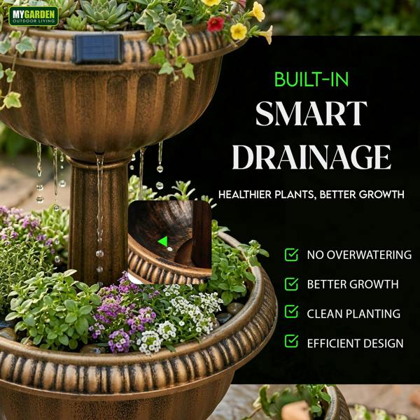 My Garden Outdoor Living MY Garden Planter 2 Tier with Solar Powered 8 LEDs-Tower Flower Planter with Bronze Antique Effect-Weather Resistant